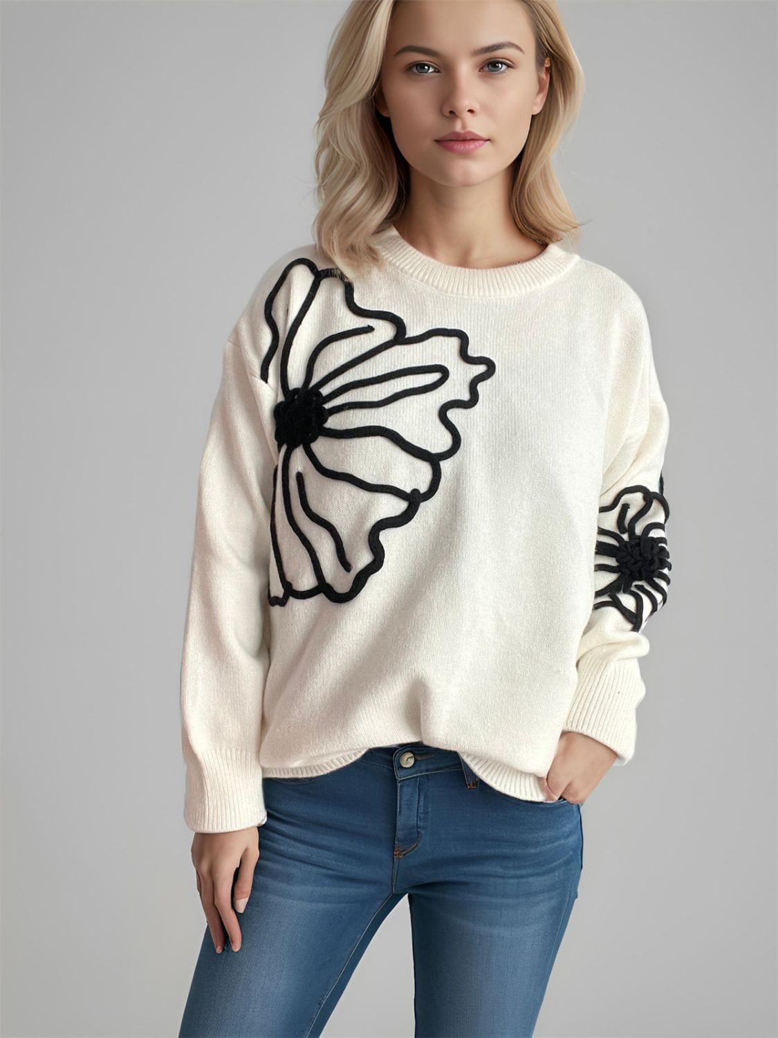Flower Round Neck Long Sleeve Sweater - Trendsi