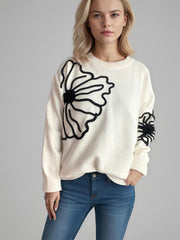 Flower Round Neck Long Sleeve Sweater - Trendsi