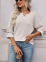 Striped Notched Long Sleeve T-Shirt - Trendsi - Flyclothing LLC