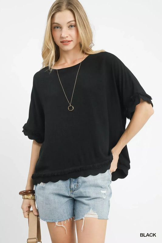 Umgee Linen Frayed Hem Scallop Edge Top - Trendsi - Flyclothing LLC