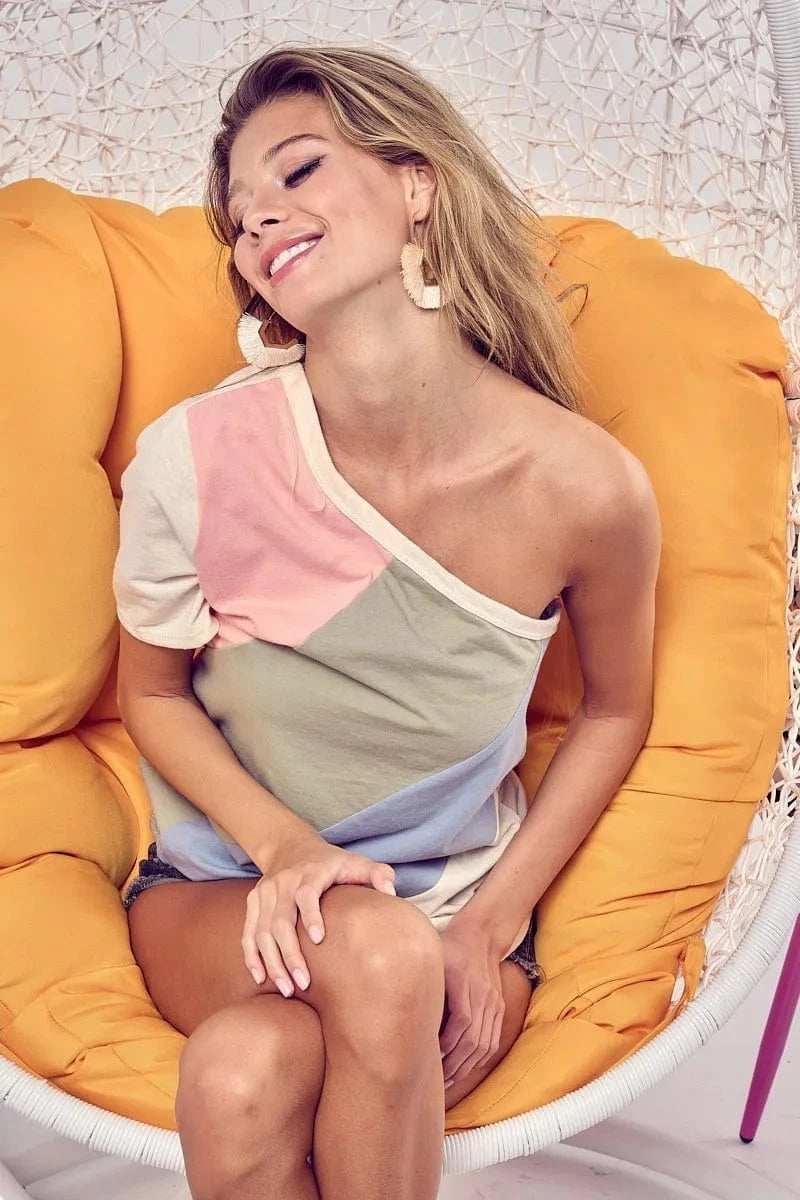 BiBi Cotton Color Block One Shoulder Top - Trendsi - Flyclothing LLC