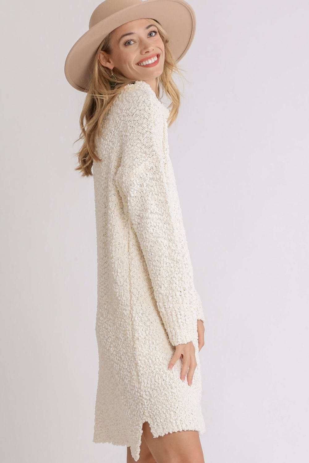 Umgee Full Size High Low Long Sleeve Boucle Sweater Dress Plus Size - Trendsi - Flyclothing LLC