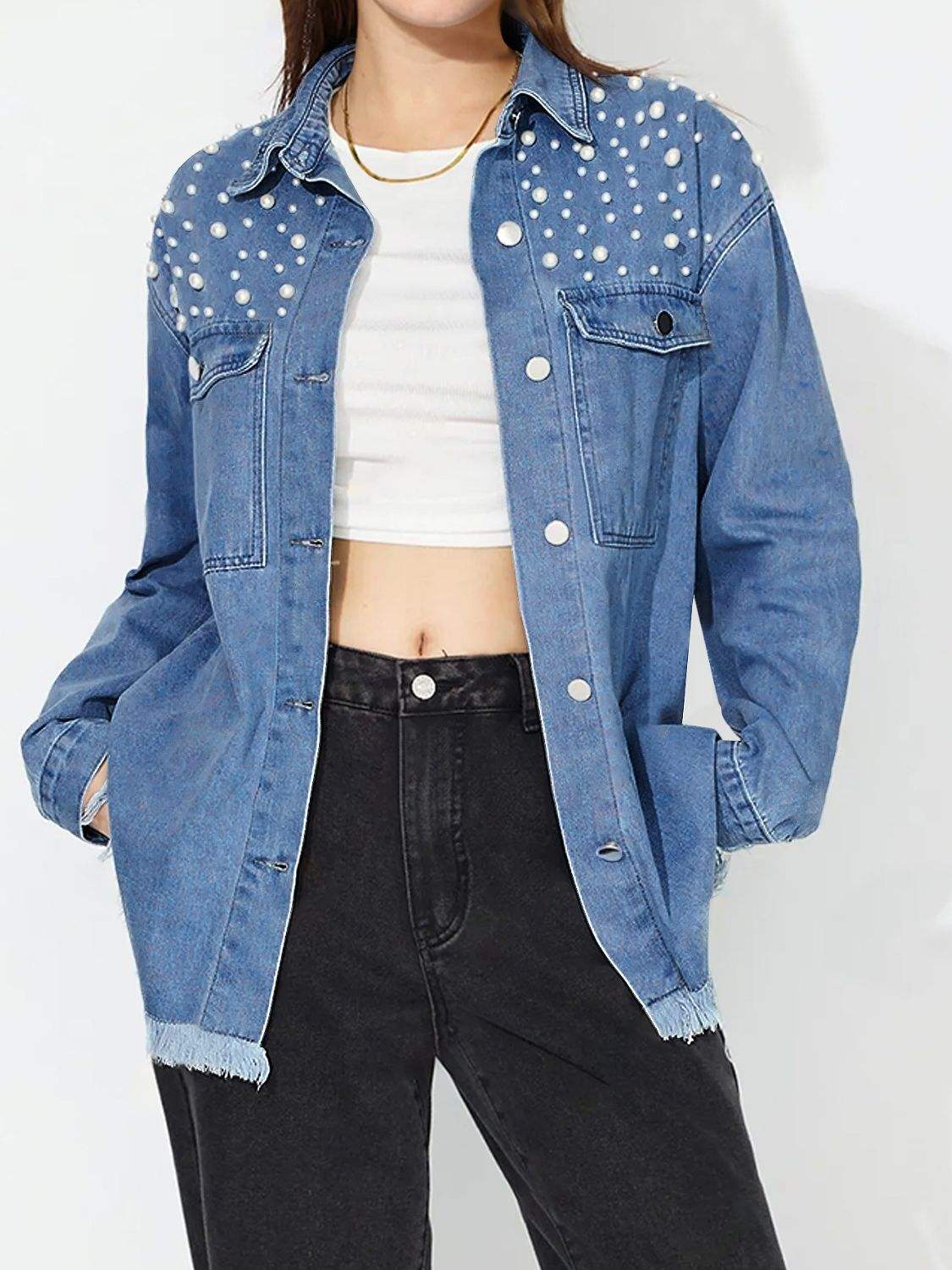 Raw Hem Pearl Trim Collared Neck Denim Top - Trendsi - Flyclothing LLC