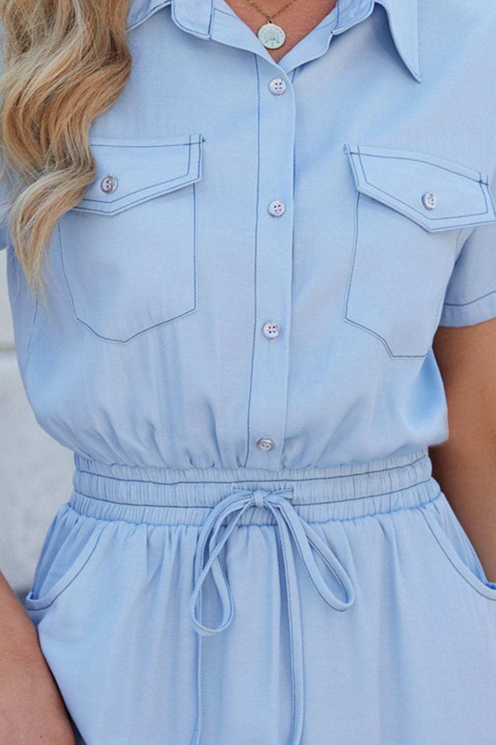 Drawstring Collared Neck Short Sleeve Denim Dress - Trendsi - Flyclothing LLC