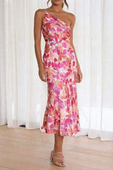 Ruched Printed Single Shoulder Midi Dress - Trendsi - Flyclothing LLC
