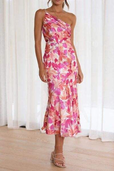 Ruched Printed Single Shoulder Midi Dress - Trendsi - Flyclothing LLC