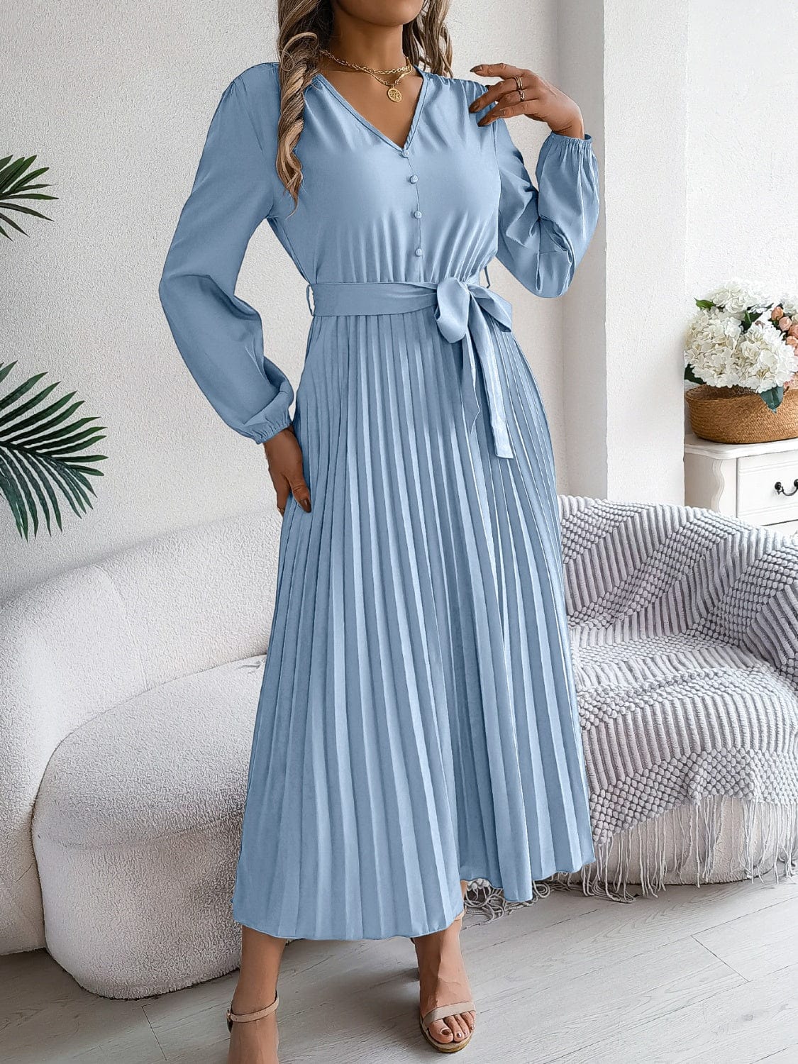 Pleated Tied V-Neck Long Sleeve Dress - Trendsi