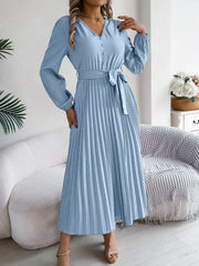 Pleated Tied V-Neck Long Sleeve Dress - Trendsi