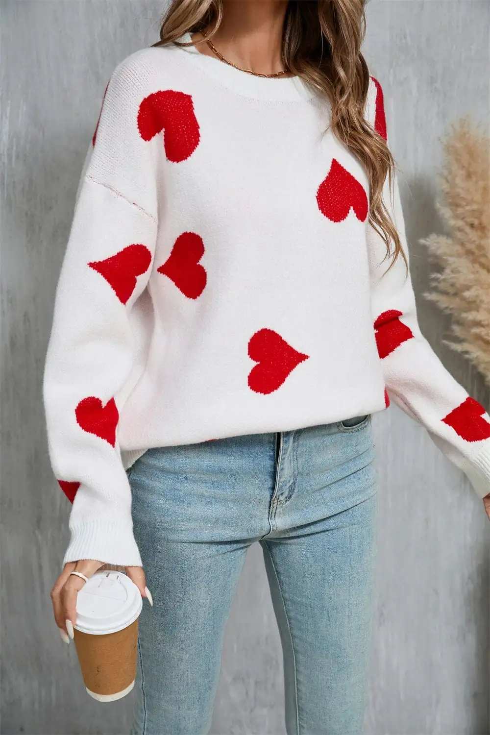 Angel Wings Heart Round Neck Dropped Shoulder Sweater - Trendsi - Flyclothing LLC