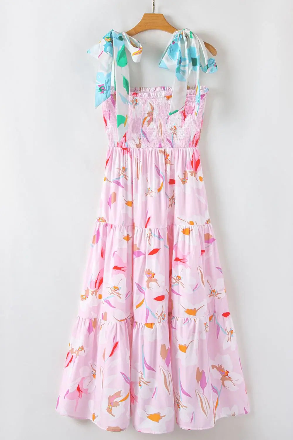Floral Print Knotted Shoulder Smocked Maxi Dress - Trendsi - Flyclothing LLC
