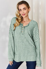 Basic Bae Full Size Ribbed Half Button Long Sleeve T-Shirt - ShopBasicbae - Flyclothing LLC