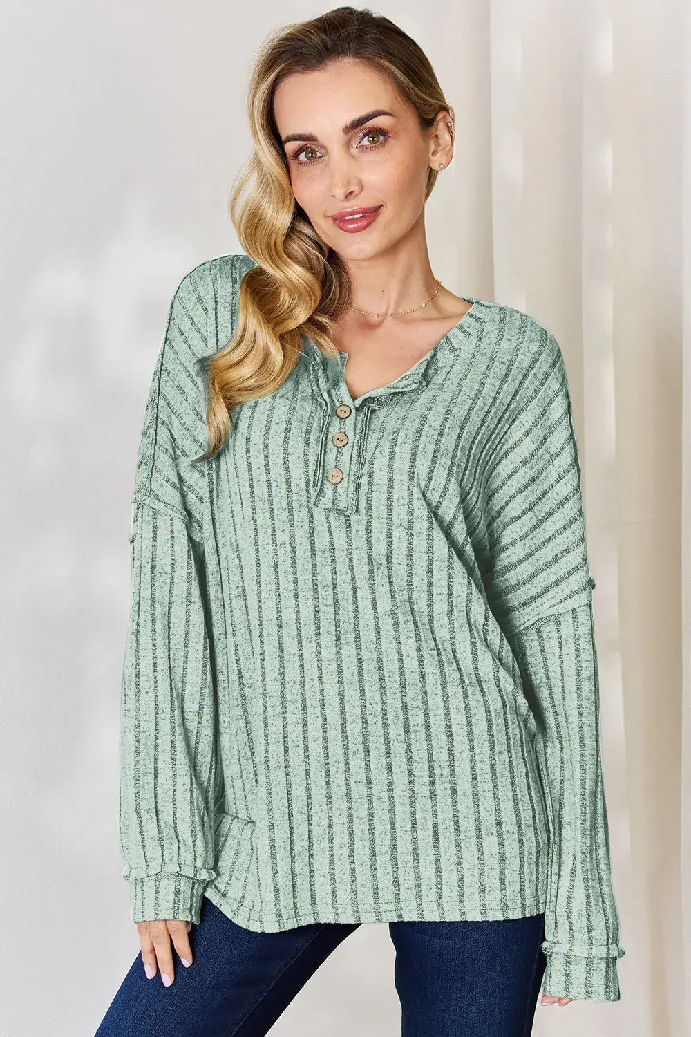 Basic Bae Full Size Ribbed Half Button Long Sleeve T-Shirt - ShopBasicbae - Flyclothing LLC