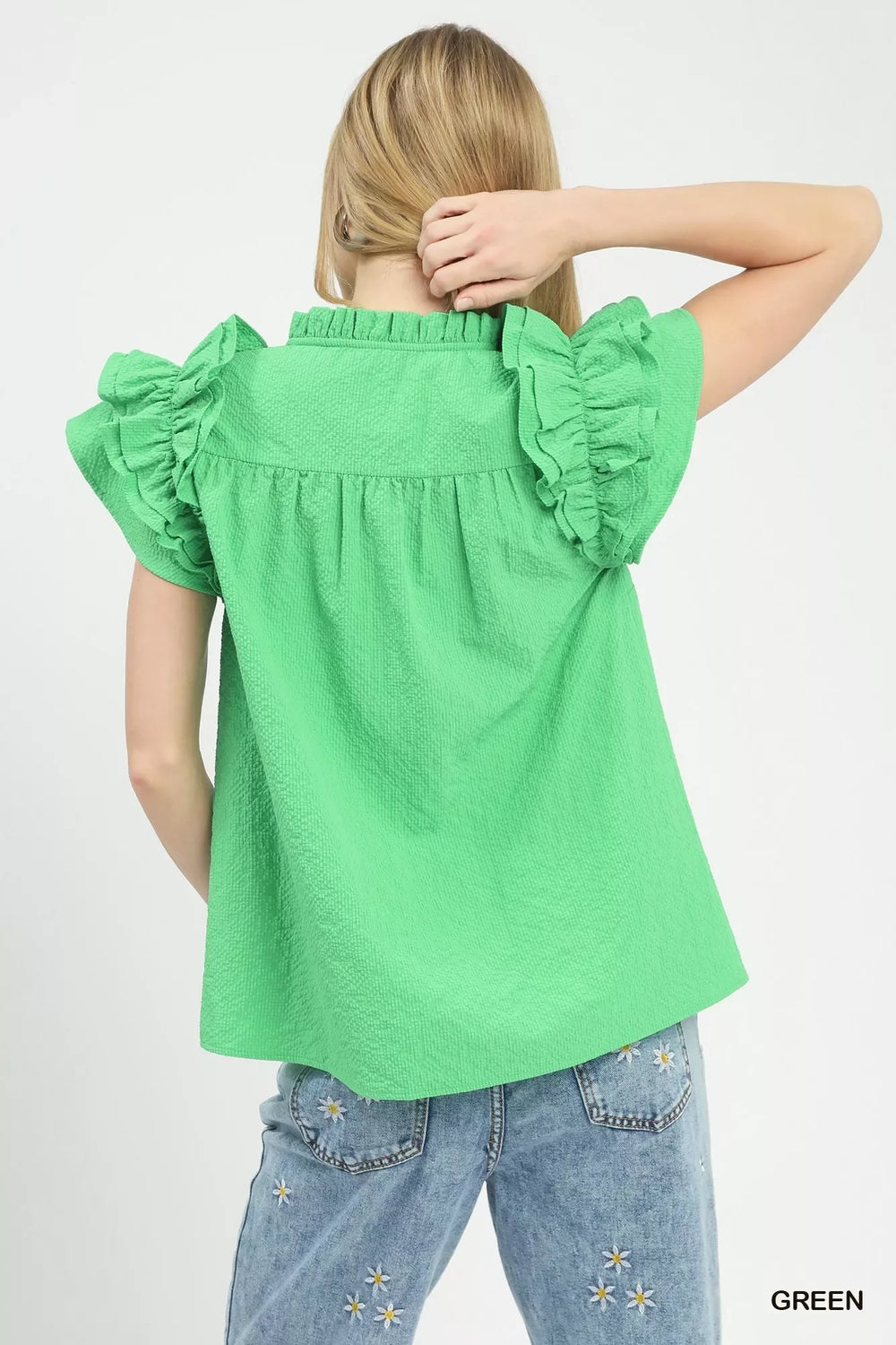 Umgee Textured Ruffle Sleeve Notched Top - Trendsi - Flyclothing LLC