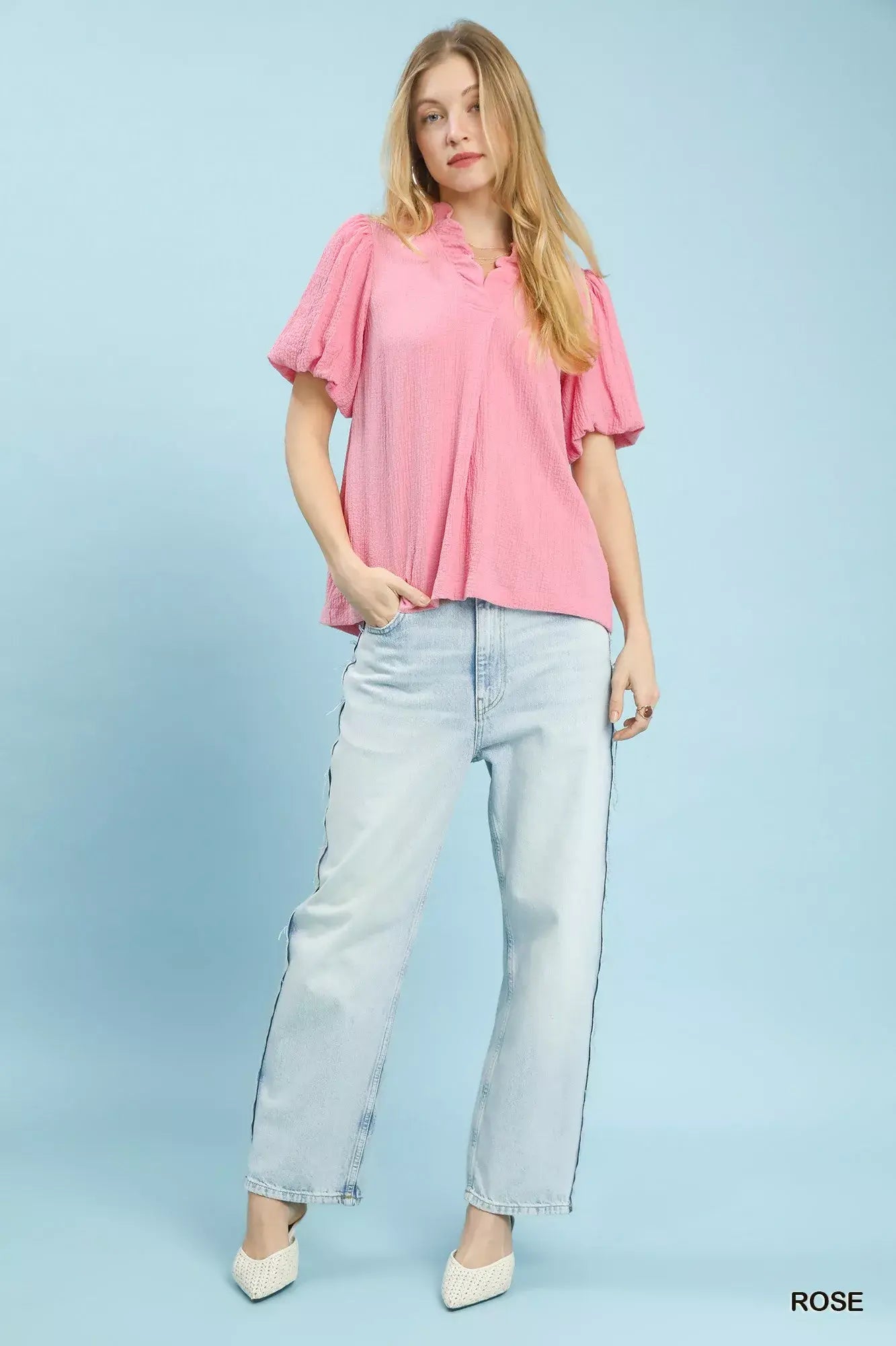 Umgee Seersucker Puff Sleeve Blouse - Trendsi - Flyclothing LLC