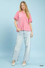 Umgee Seersucker Puff Sleeve Blouse - Trendsi - Flyclothing LLC