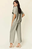 Double Take Full Size Texture Half Zip Short Sleeve Top and Pants Set - Trendsi - Flyclothing LLC