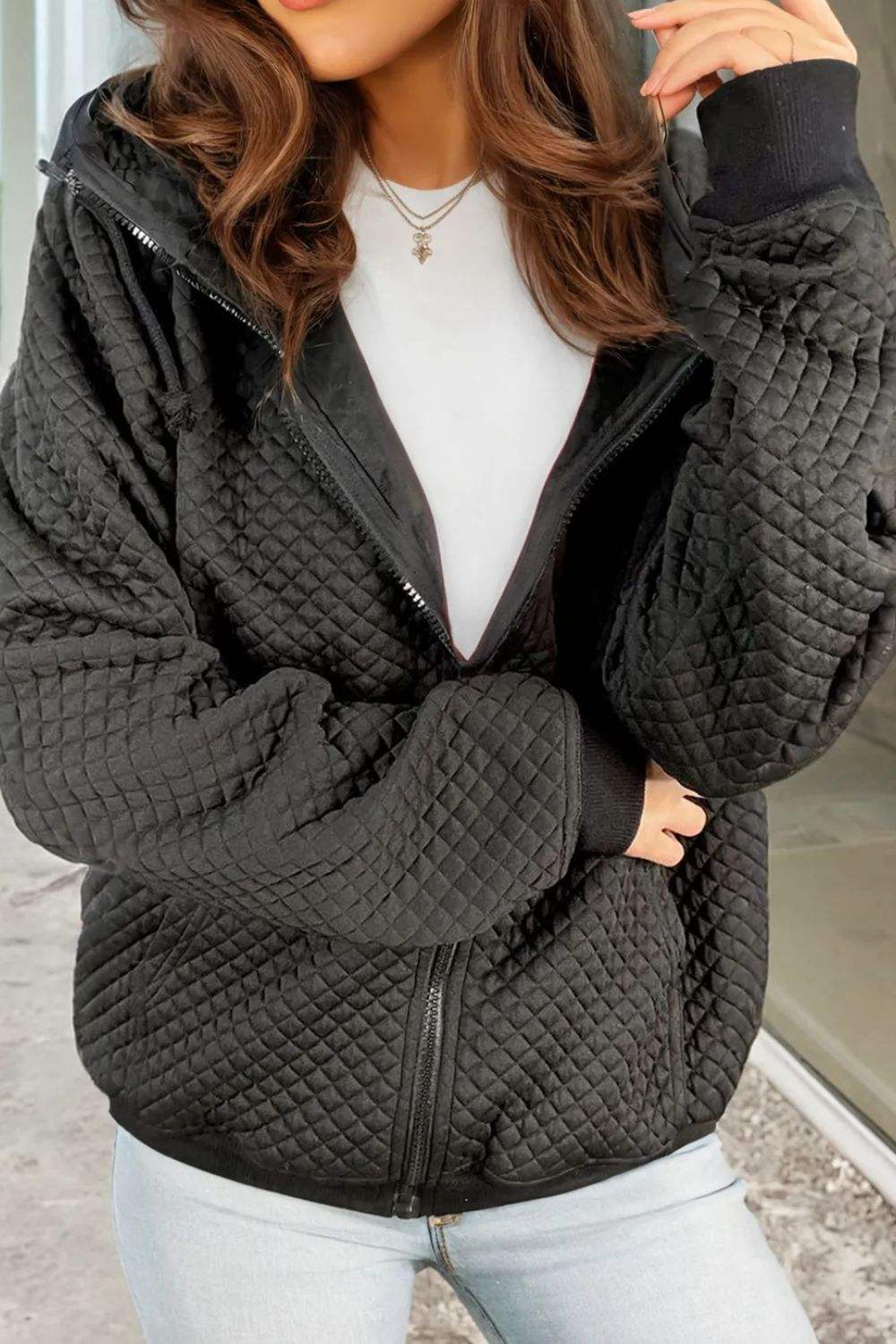 Drawstring Zip Up Long Sleeve Hooded Jacket - Trendsi - Flyclothing LLC