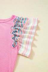 Striped Ruffle Flutter Sleeve Ribbed Blouse - Trendsi - Flyclothing LLC
