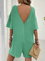 Backless Textured Round Neck Half Sleeve Romper - Trendsi - Flyclothing LLC