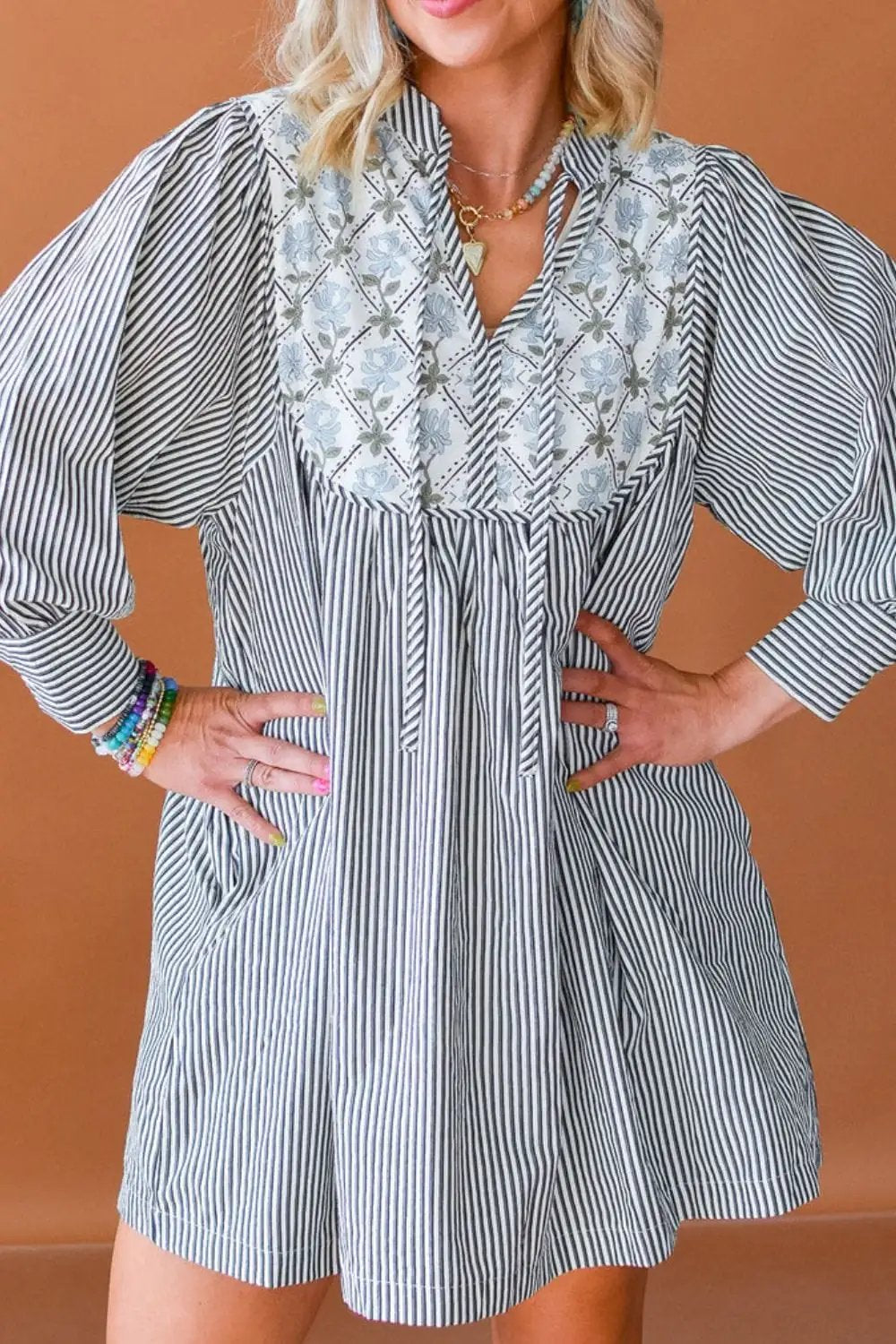 Tied Floral Printed Striped Long Sleeve Dress - Trendsi