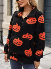 Jack-O'-Lantern Half Zip Long Sleeve Sweatshirt - Trendsi