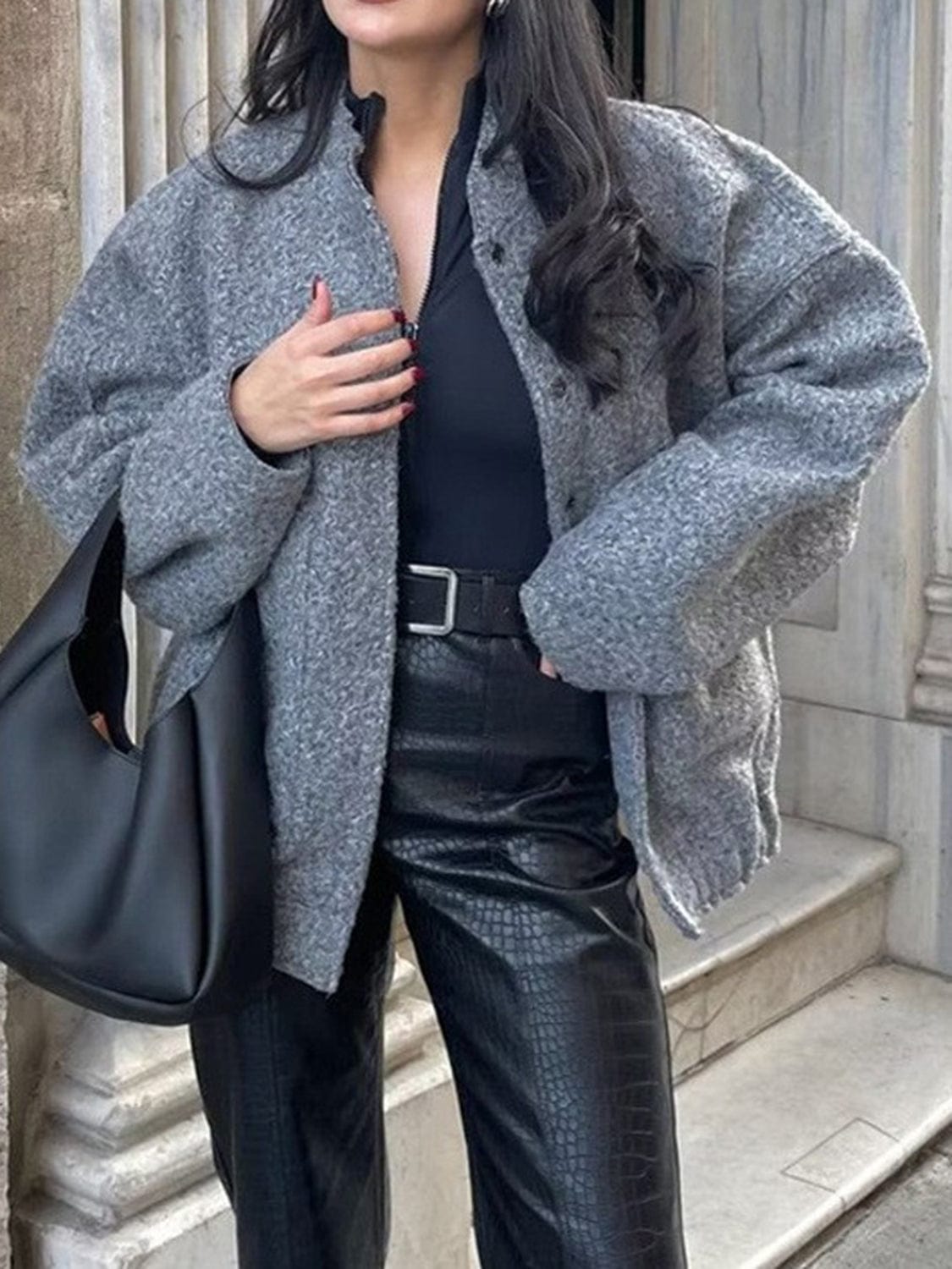 Full Size Snap Down Drop Shoulder Jacket - Trendsi