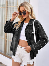 Pearl Trim Raw Hem Denim Jacket - Trendsi - Flyclothing LLC