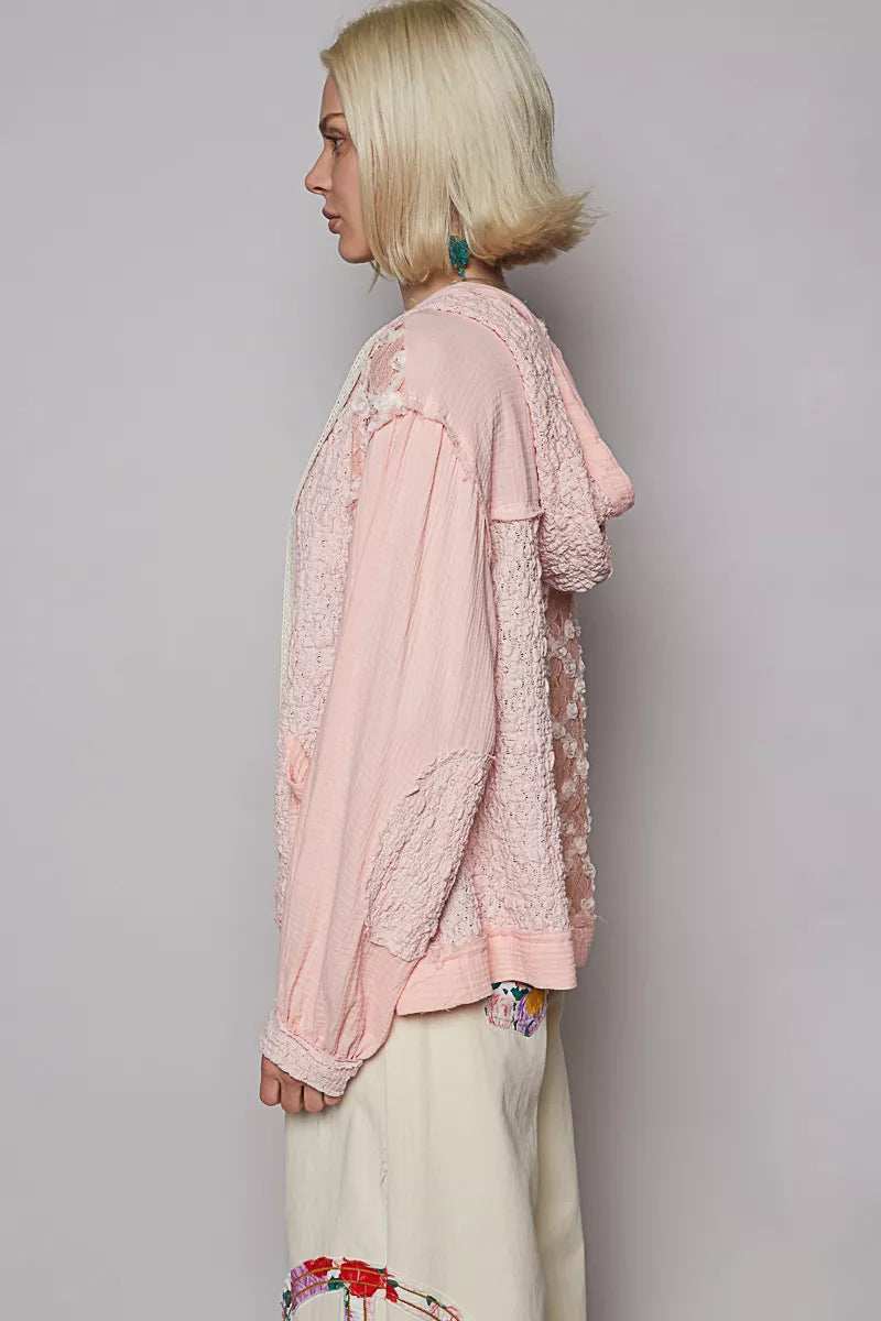 POL Exposed Seam Button Down Hooded Jacket with Lace Detail - Trendsi - Flyclothing LLC