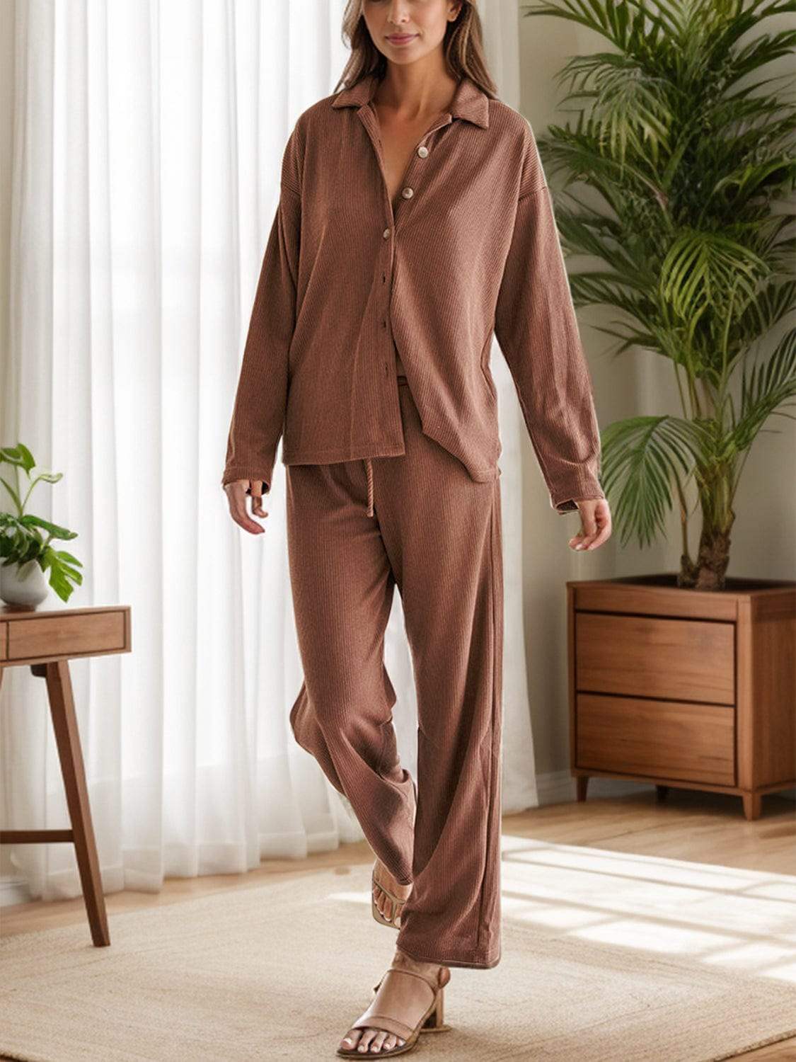 Collared Neck Long Sleeve Top and Drawstring Pants Set - Trendsi - Flyclothing LLC