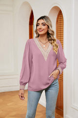 Contrast Puff Sleeve Blouse - Trendsi - Flyclothing LLC