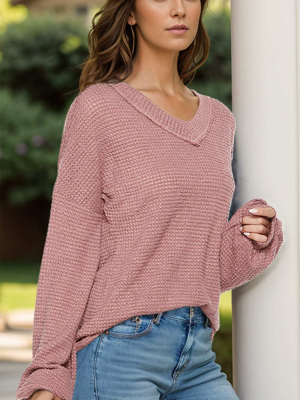 Dropped Shoulder Long Sleeve Knit Top - Trendsi - Flyclothing LLC