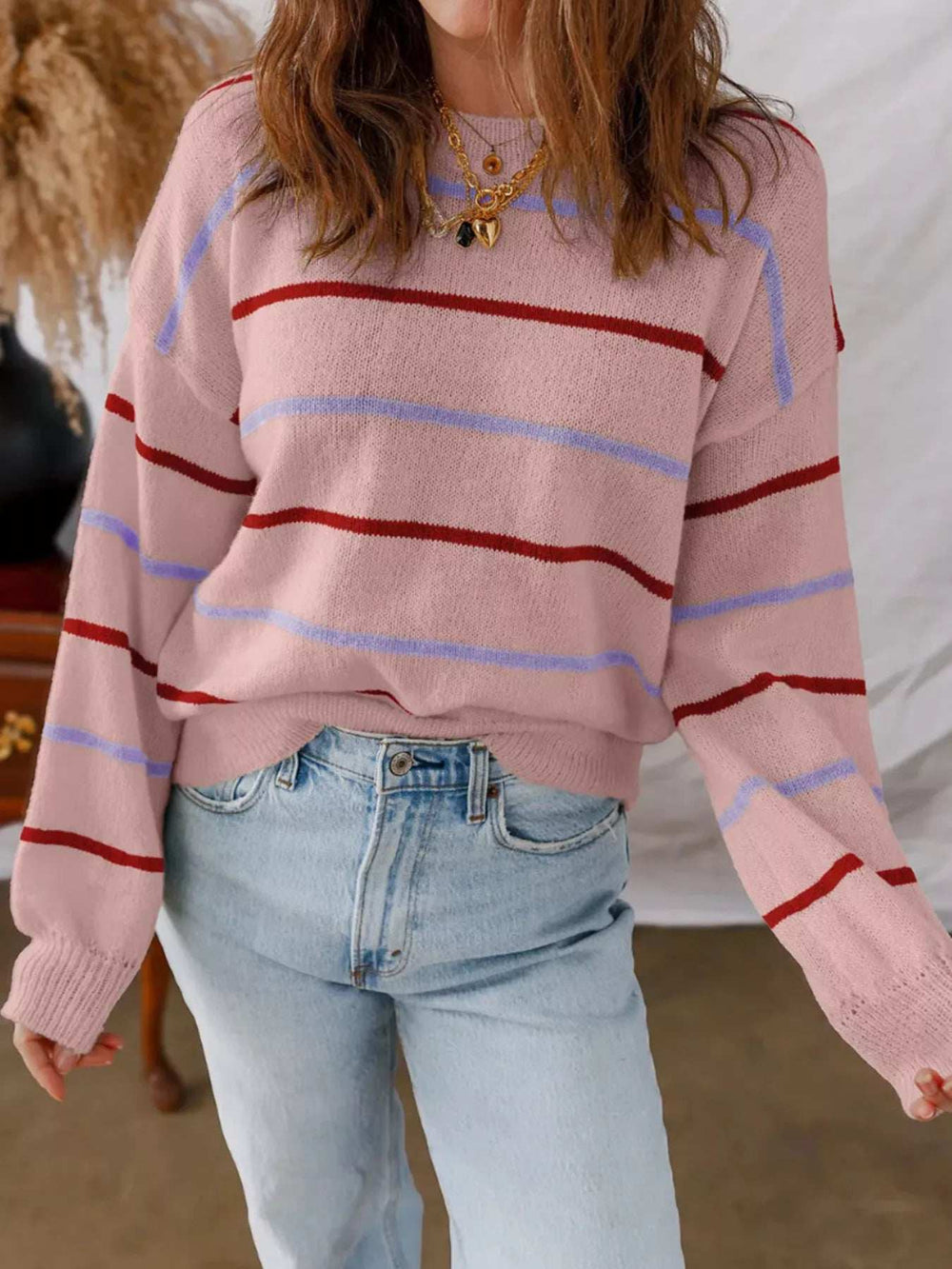 Striped Round Neck Drop Shoulder Sweater - Trendsi - Flyclothing LLC