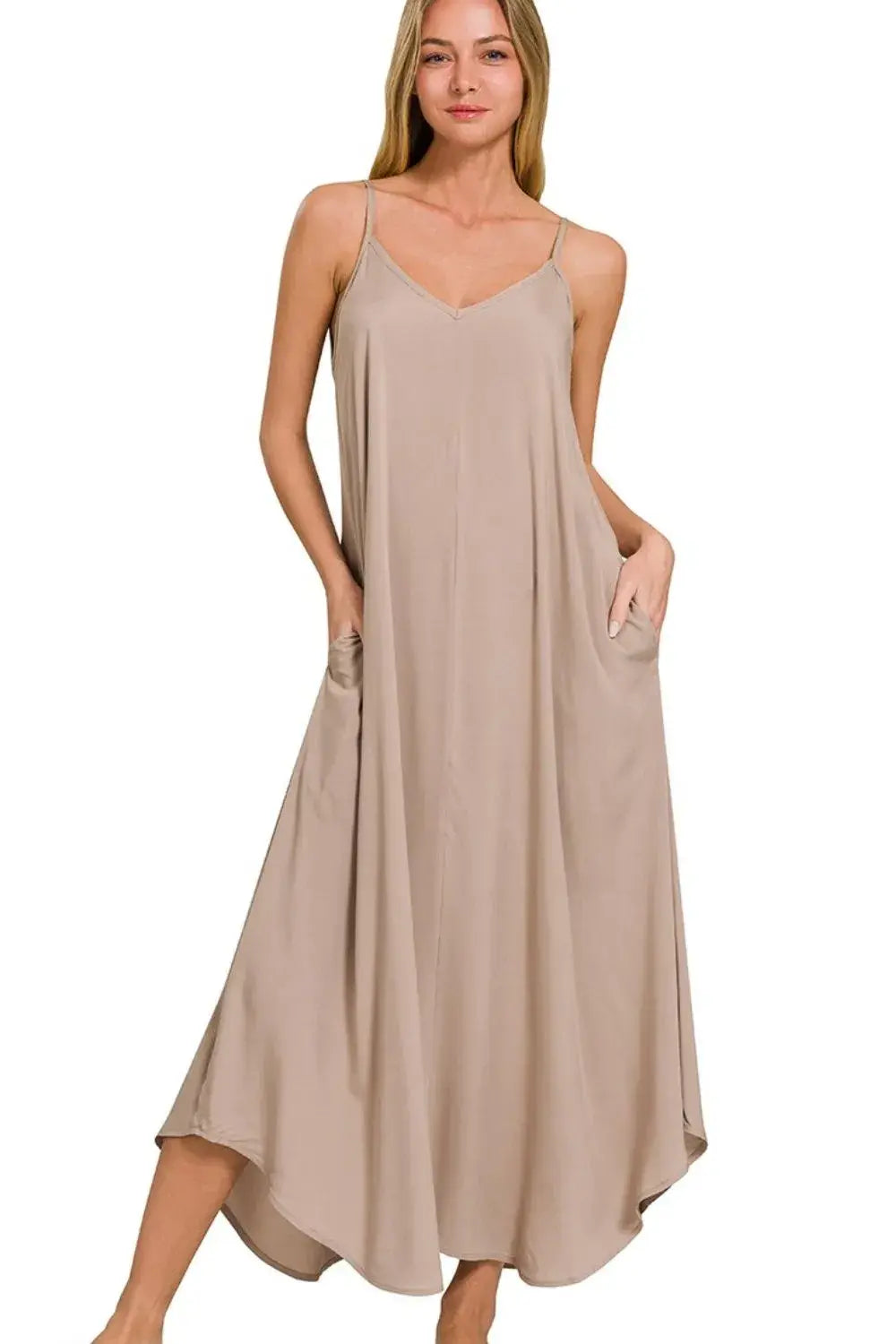 Zenana Woven Arc Hem Cami Dress With Flowy Pockets - Trendsi - Flyclothing LLC