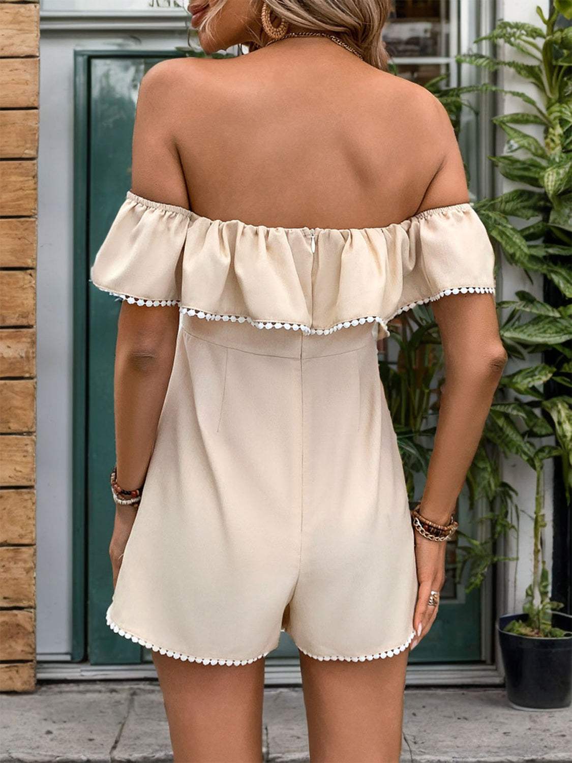 Tied Ruffled Off-Shoulder Short Sleeve Romper - Trendsi - Flyclothing LLC