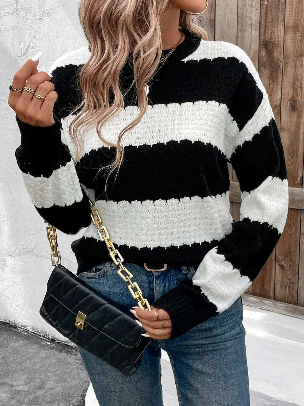Striped Round Neck Long Sleeve Sweater - Trendsi - Flyclothing LLC
