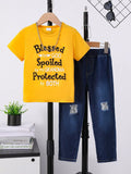 Children's Round Neck Letter Graphic T-Shirt and Distressed Jeans Set - Trendsi