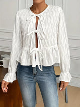 Tie Front Flounce Sleeve Blouse - Trendsi - Flyclothing LLC