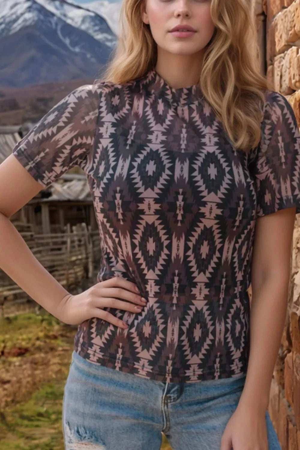 Aztec Print Mock Neck Short Sleeve Mesh T Shirt - Trendsi - Flyclothing LLC