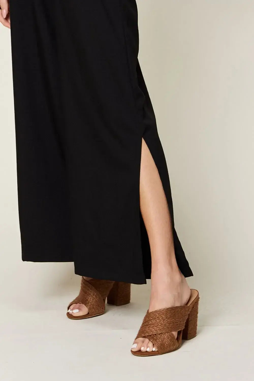Double Take Full Size V-Neck Tied Side Slit Jumpsuit - Trendsi - Flyclothing LLC