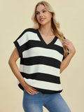 Double Take Full Size Striped V-Neck Short Sleeve Sweater - Trendsi - Flyclothing LLC