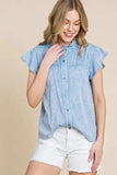 Lime 'N' Chili Mineral Wash Flutter Sleeve Button Down Shirt - Trendsi - Flyclothing LLC