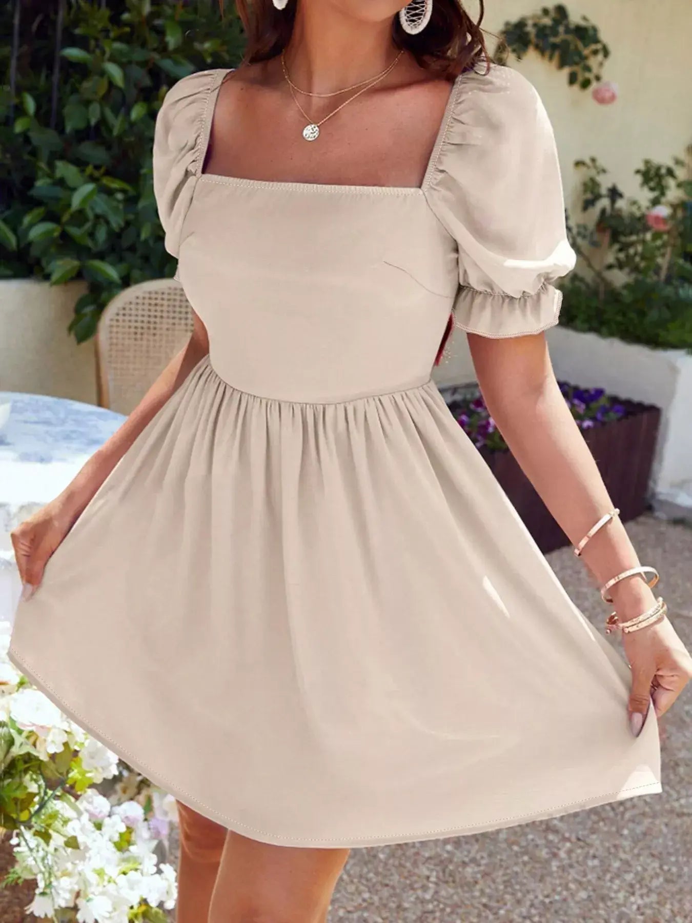 Square Neck Puff Sleeve A-Line Mini Dress - Trendsi - Flyclothing LLC