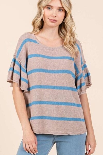 Mittoshop Striped Flounce Sleeve Knit Top - Trendsi