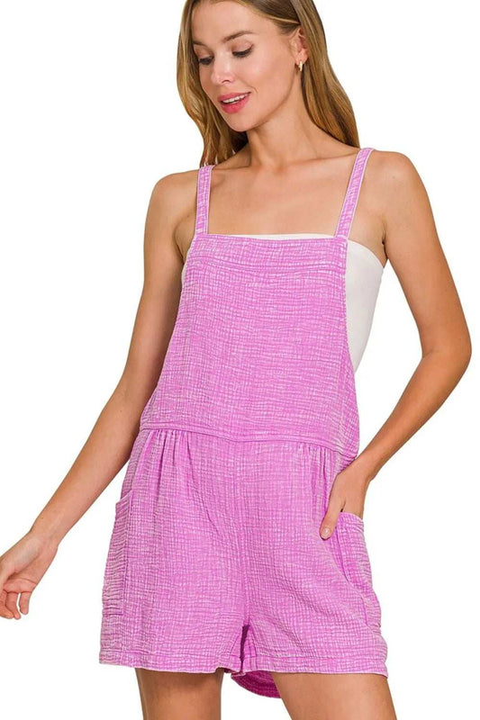 Zenana Washed Double Gauze Tie Back Rompers - Trendsi - Flyclothing LLC