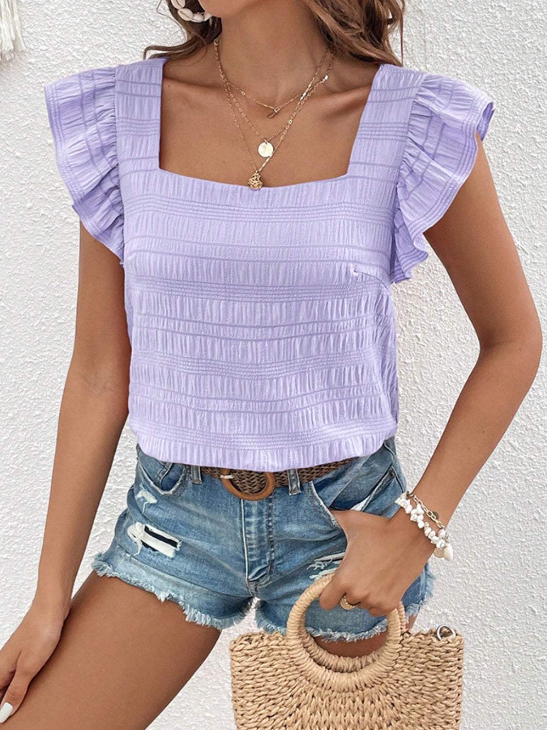 Ruffled Square Neck Cap Sleeve Blouse - Trendsi - Flyclothing LLC