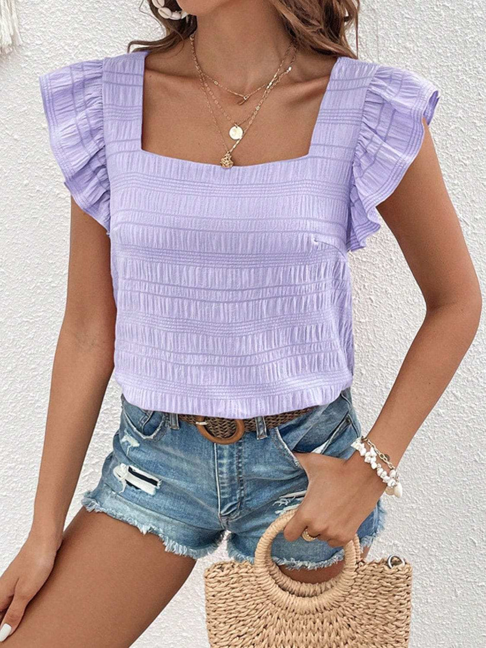 Ruffled Square Neck Cap Sleeve Blouse - Trendsi - Flyclothing LLC