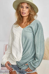 BiBi Twist Front Contrast Cable Knit Top - Trendsi - Flyclothing LLC