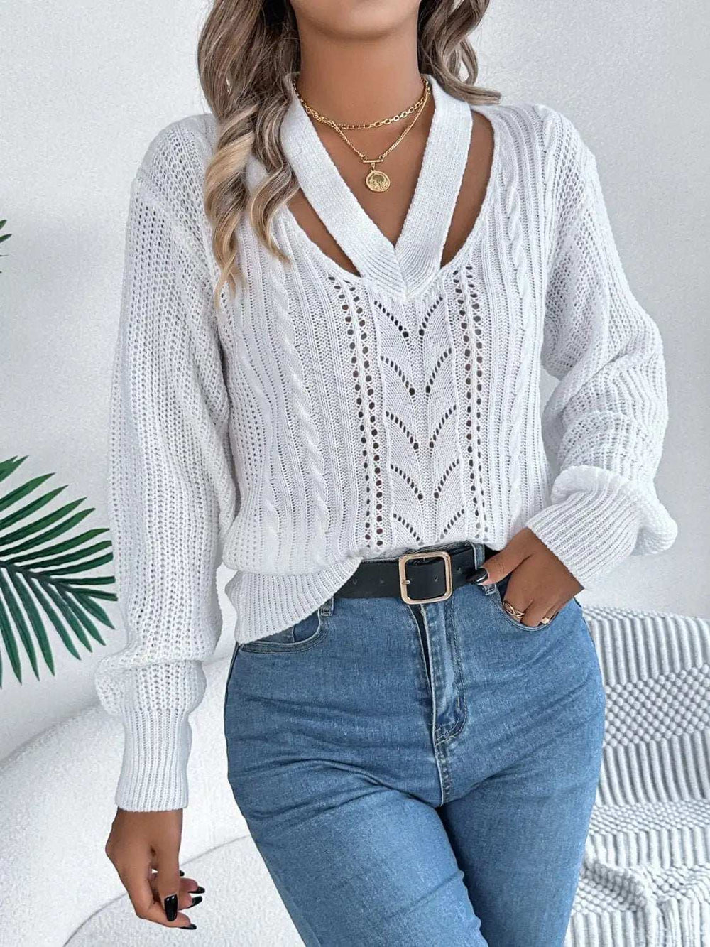 Cutout V-Neck Long Sleeve Sweater - Trendsi - Flyclothing LLC