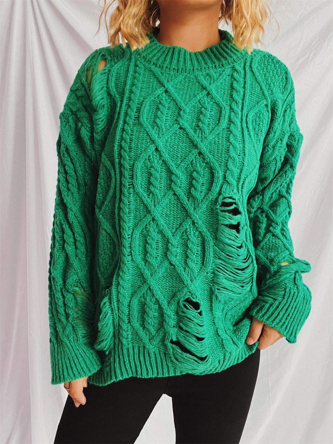 Distressed Cable-Knit Round Neck Long Sleeve Sweater - Trendsi - Flyclothing LLC