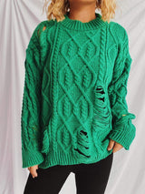Distressed Cable-Knit Round Neck Long Sleeve Sweater - Trendsi - Flyclothing LLC